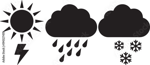 Collection of black weather icons including a sun with lightning, rain cloud, and snow cloud.