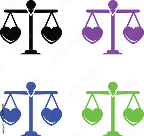 Scales Of Justice With Hearts, Balance Icon Set Vector Illustration