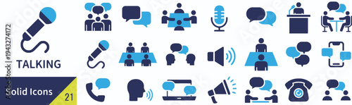 Talking icons including speech bubbles microphones and people discussing communication concepts