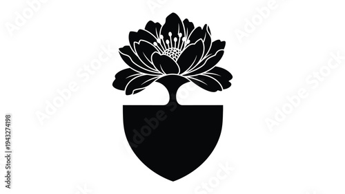 Floral shield Emblem: A stylized floral emblem blooms atop a strong shield silhouette, fusing natural beauty with stalwart protection in a striking monochrome design.