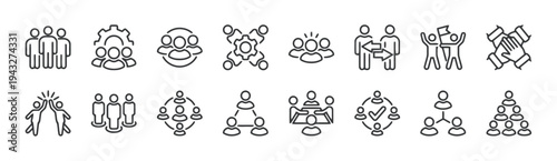 Teamwork and collaboration icons showing people working together in groups isolated on white background