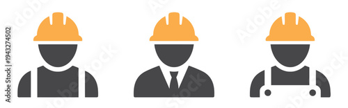 Three graphic icons of construction workers wearing hard hats and work attire