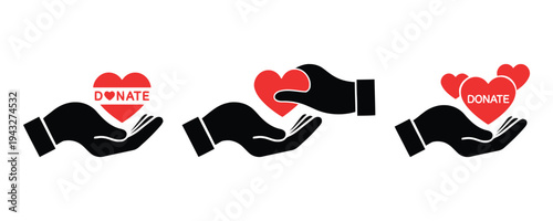 Three hands holding red hearts with donate text on white background