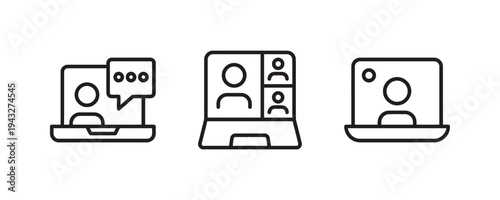 Three laptop icons showing video call and chat for online communication