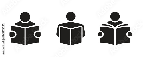 Three minimalist icons person reading book from different angles isolated on white background