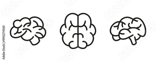 Three minimalist outline icons of human brains in different views isolated on white