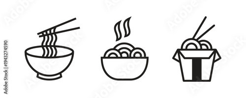 Three simple icons of noodles in bowl and chinese take out box for food services