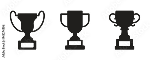 Three solid black trophy cup icons in various designs symbolizing success and winning