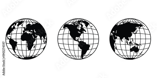 Three stylized globes showing different continents for world map concepts