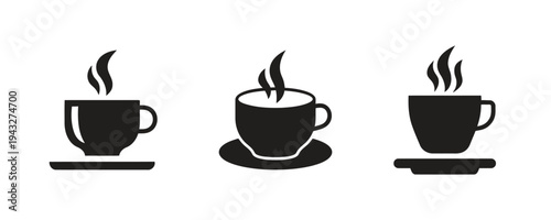 Three black icons of coffee cups on saucers with steam effect