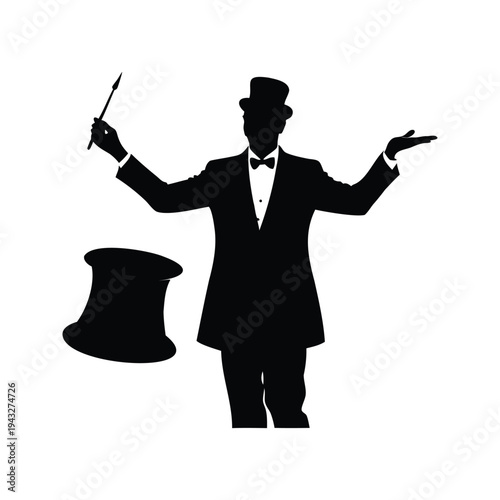 magician performing hat trick silhouette vector illustration