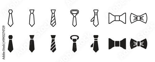 Tie and bow tie icons, various styles including striped and solid