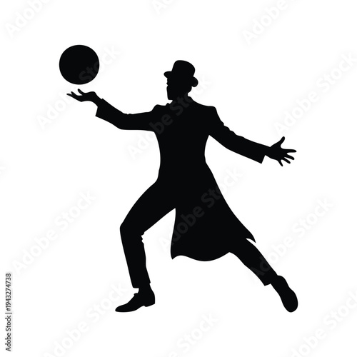 magician performing levitating ball trick silhouette vector illustration