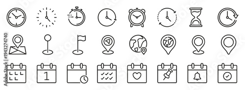 Time and location icons collection with clocks, calendars, maps, and pins for planning