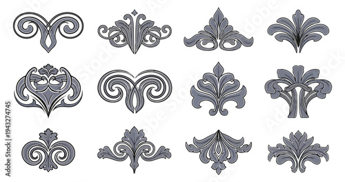 Decorative ornamental design elements in gray on black background