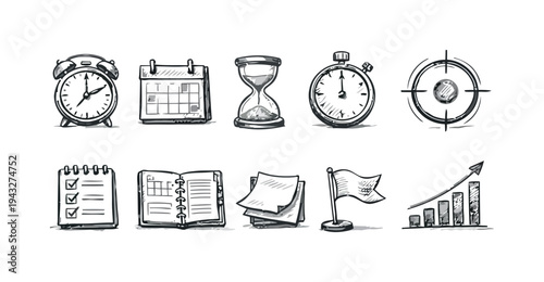 Time management and planning icons in sketch style for productivity and goals