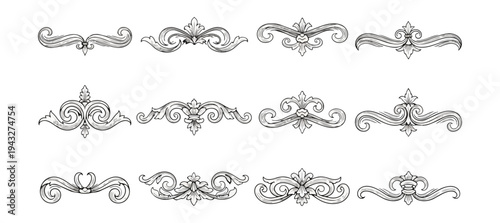 Decorative ornamental design elements silver color on black background