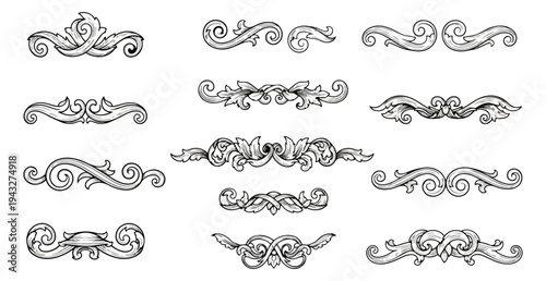Elegant decorative scroll elements vector set on black background