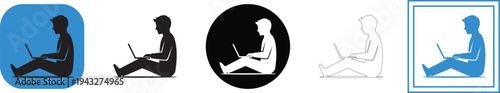 A minimalist vector graphic illustration featuring a male figure engaged in focused remote work, comfortably seated on the ground while diligently typing on a portable laptop computer