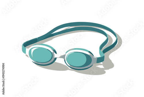 Teal swimming goggles with white trim and strap resting on a light cream background with shadow