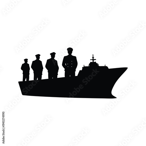 ship crew working silhouette vector illustration, Four naval officers standing on warship deck silhouette vector illustration with modern design