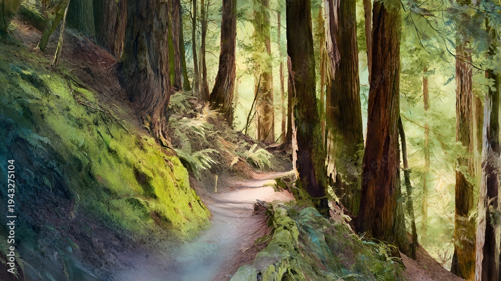 Naklejka premium Serene redwood trail illustration captures tranquil forest grandeur bathed in soft diffused light textures