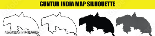 Guntur India map silhouette collection featuring solid black outline and halftone dot patterns on isolated background