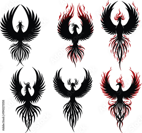 Phoenix bird silhouette set, mythical fire bird illustration, rebirth and transformation symbol, flame wings design, cad drawing flat vector illustration