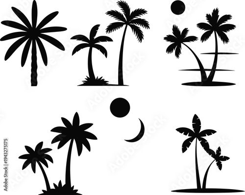 Black silhouette palm tree collection set with coconut palms beach sun and moon icons for summer vacation travel design tropical vector illustration isolated
