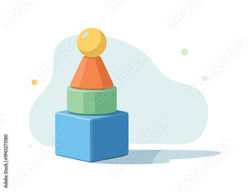 Stack of colorful geometric baby toys forming a tower on a white background