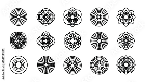 Geometric Patterns: A set of intricate and unique geometric patterns. Each design showcases a different arrangement of concentric circles and lines.