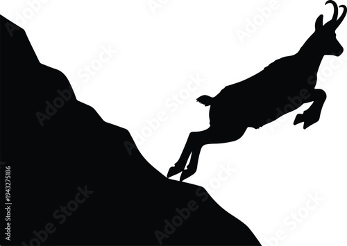 Silhouette alpine chamois jumping on rocky mountain slope vector design