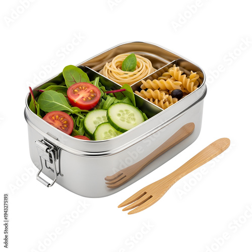 Stainless steel lunch box with healthy food and pasta
