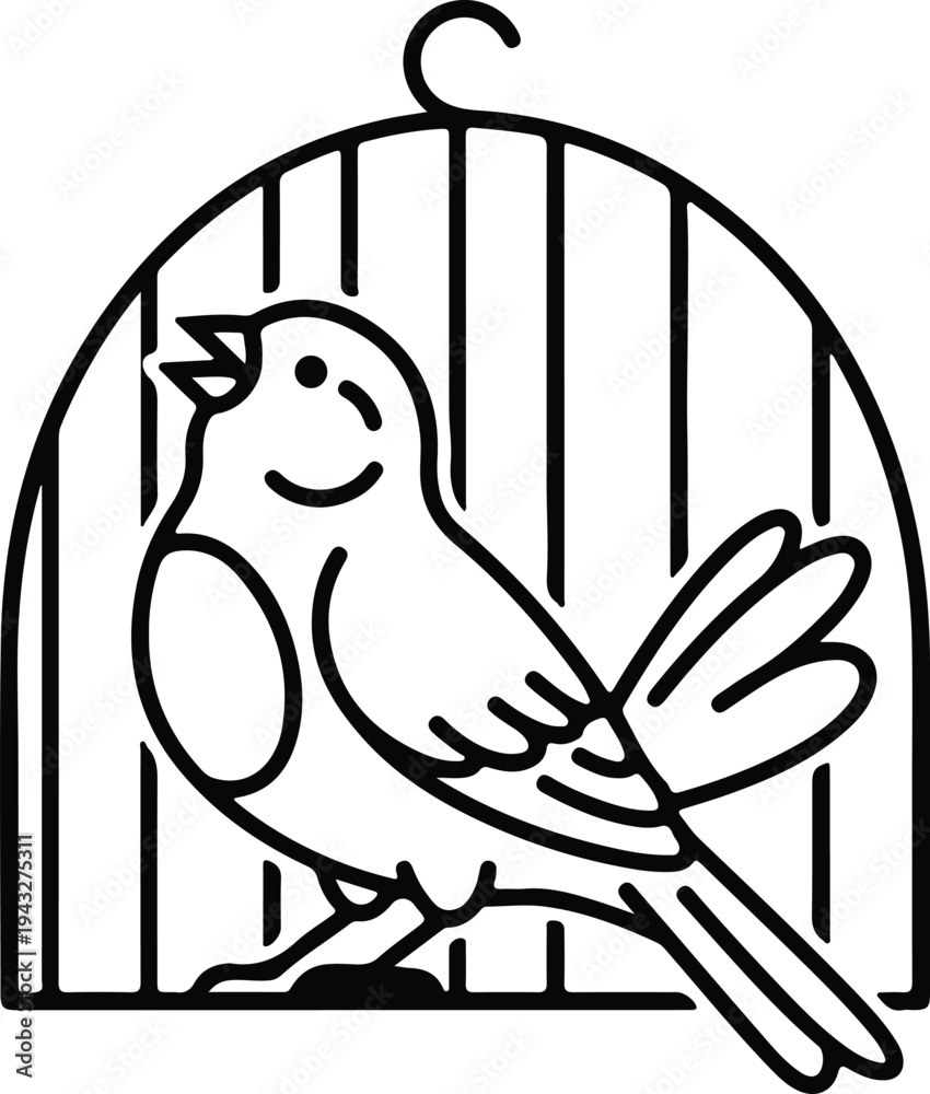 Fototapeta premium Silhouette bird singing inside a cage with simple black lines vector design