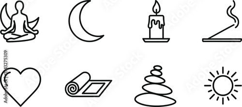 Icon set featuring meditation and wellness symbols including yoga moon candle and heart