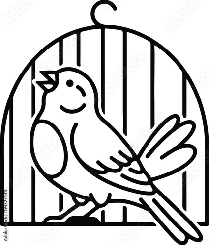 Silhouette bird singing inside a cage with simple black lines vector design