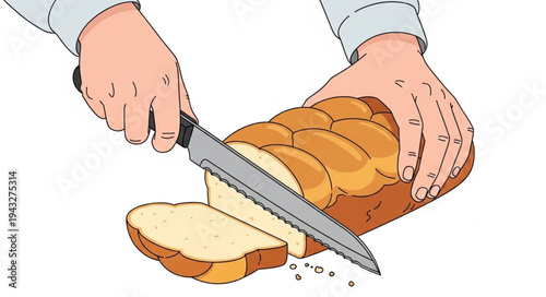 Person slicing a loaf of bread with a serrated knife.