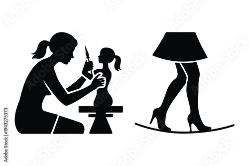 Artist sculpting a figure, woman walking on heels icon