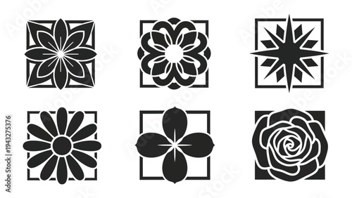 Elegant floral designs: A collection of six meticulously crafted floral and geometric designs, each showcased within a square frame. A testament to simplicity.