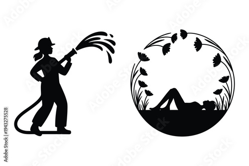 Silhouette firefighter with hose and woman relaxing under flowers