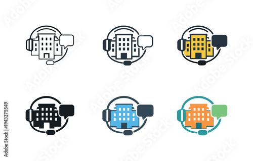 Hotel concierge support icon featuring a hotel building with a headset and speech bubble, symbolizing customer support, guest