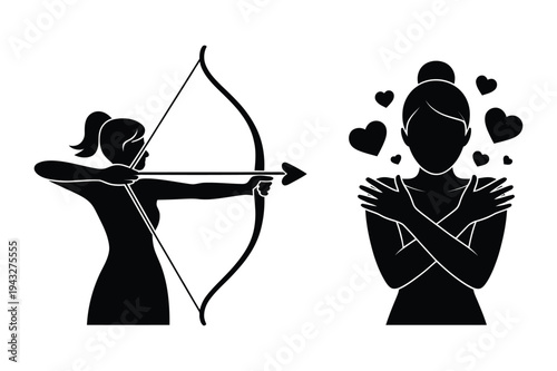 Silhouette archer aiming bow and woman hugging herself with hearts