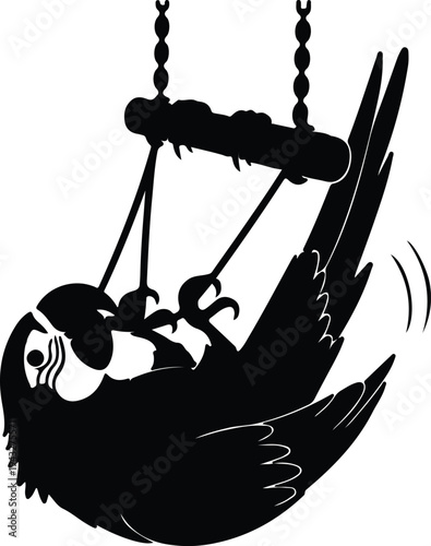 Silhouette exotic macaw parrot hanging upside down on bird swing vector design