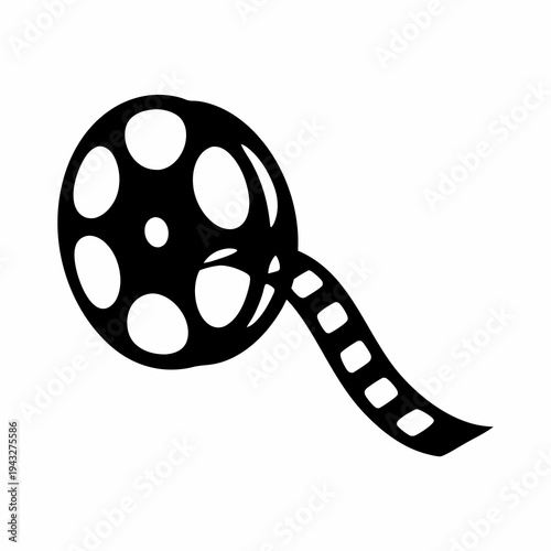 Black and white film reel icon for classic motion picture entertainment, vector illustration