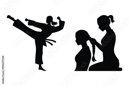 Silhouette martial artist kicking and woman braiding hair