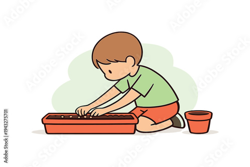 Cute cartoon boy planting seeds in a tray for a new garden project at home