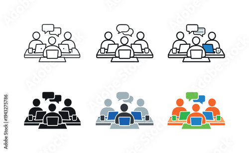 Modern team workspace icon presenting multiple people, desks, and devices arranged to convey collaboration and shared focus,