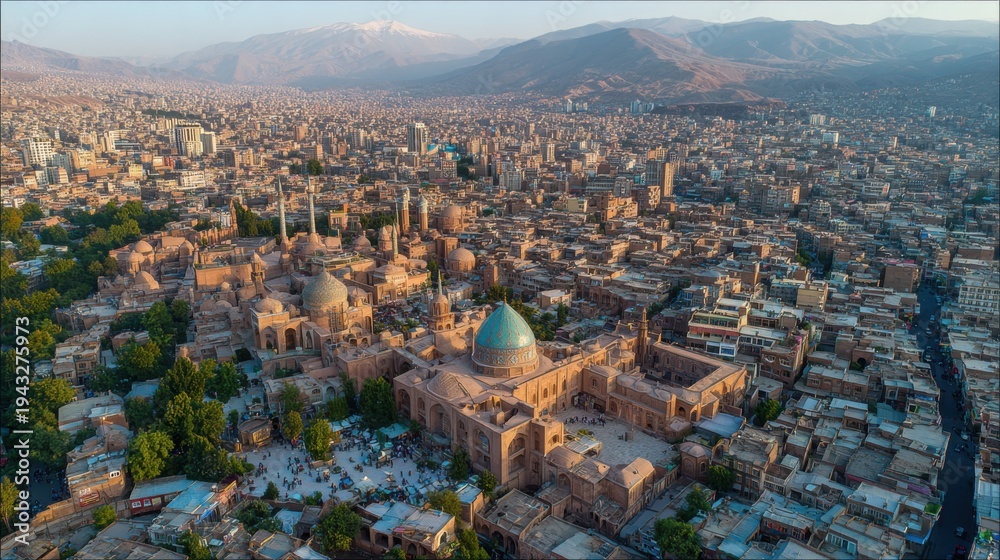 Obraz premium A cinematic aerial drone photograph of the historic city of Tabriz, Iran, showing the dense urban fabric and traditional Persian architecture. 