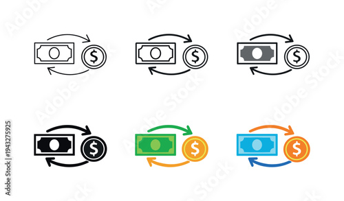 Money exchange icons showing bills and coins with circular arrows indicating transaction