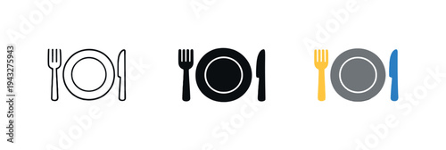 Set table icons: plate, fork, and knife in white, black, and color variations